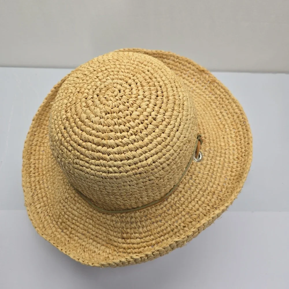 Handmade Natural Raffia Straw Sun Hat Tan Wide Brim Chin Strap Boho Summer